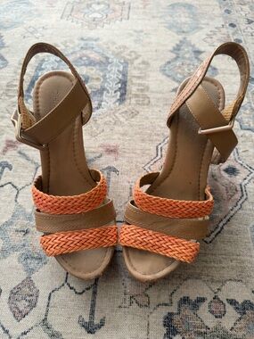 Charles By Charles David Orange and Tan Woven Wedge Sandals
